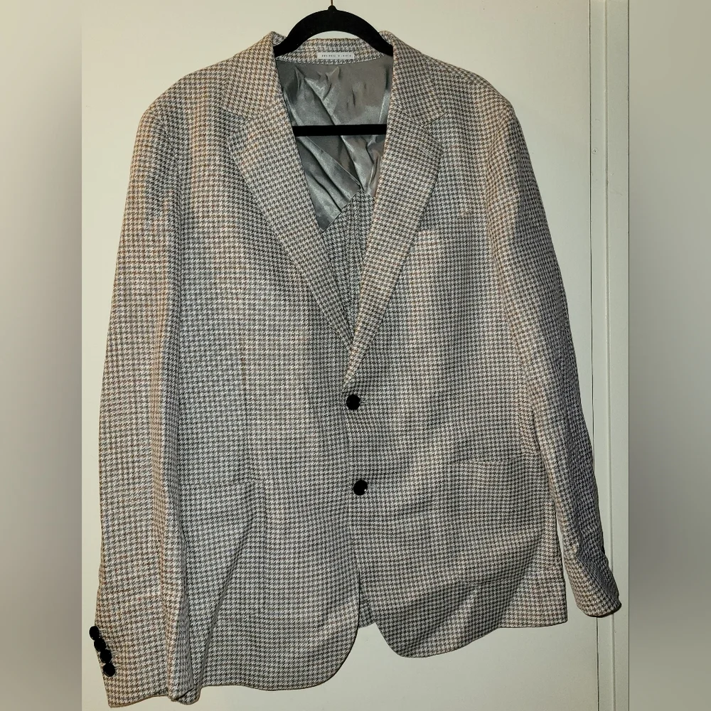 REISS 'Vitale' Dogtooth Check Linen‎ Cotton Blend Blazer Single Breasted Sz 44